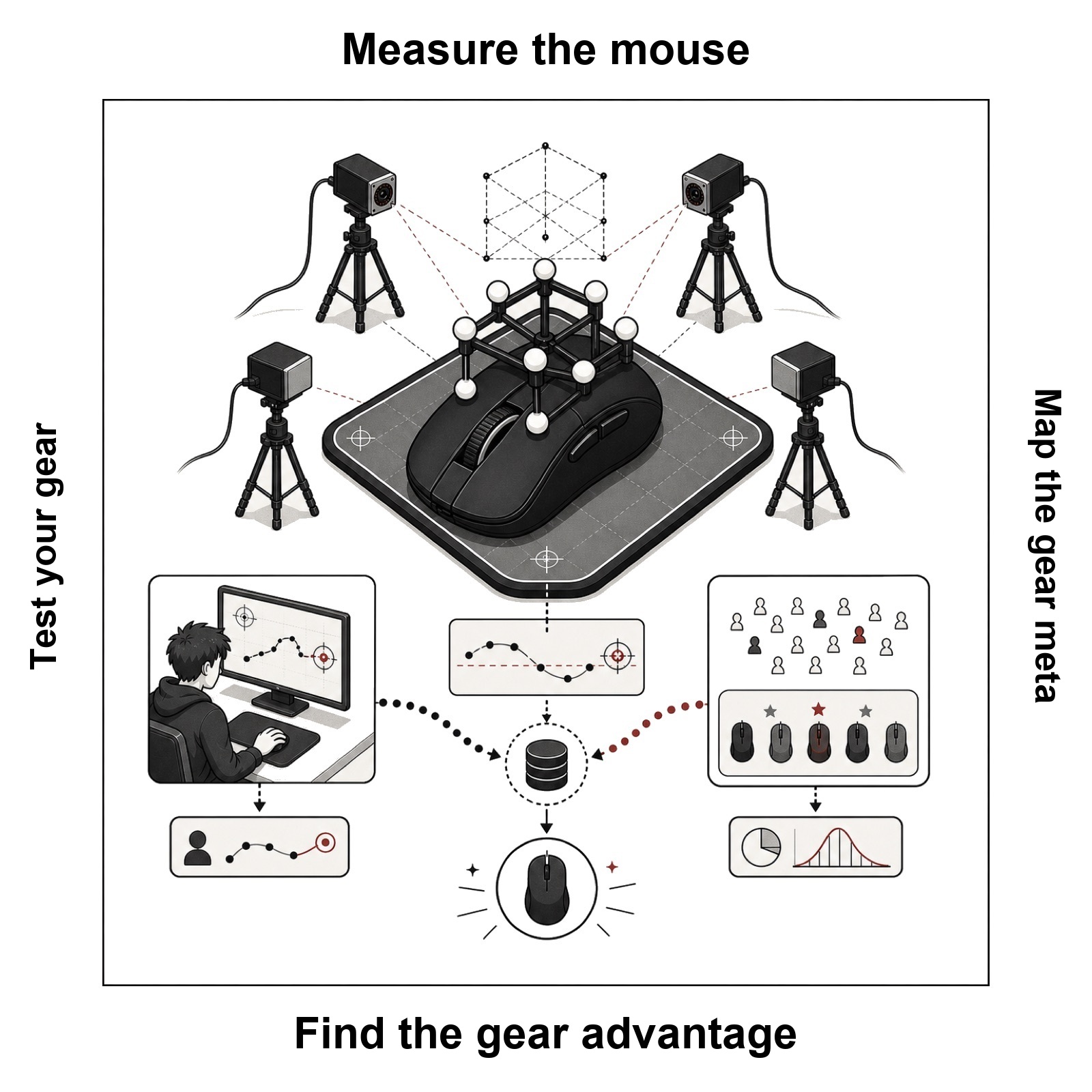 Gaming mouse measurement illustration showing CPI motion capture, personal player testing, and community gear meta data flowing into a mouse insight